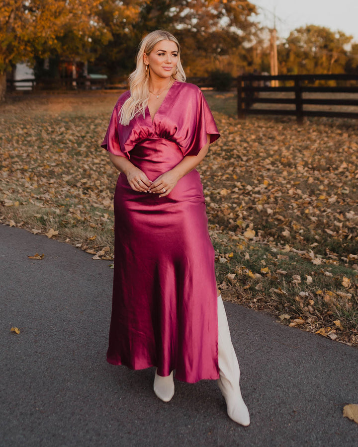 Theia Satin V-Neck Maxi Dress