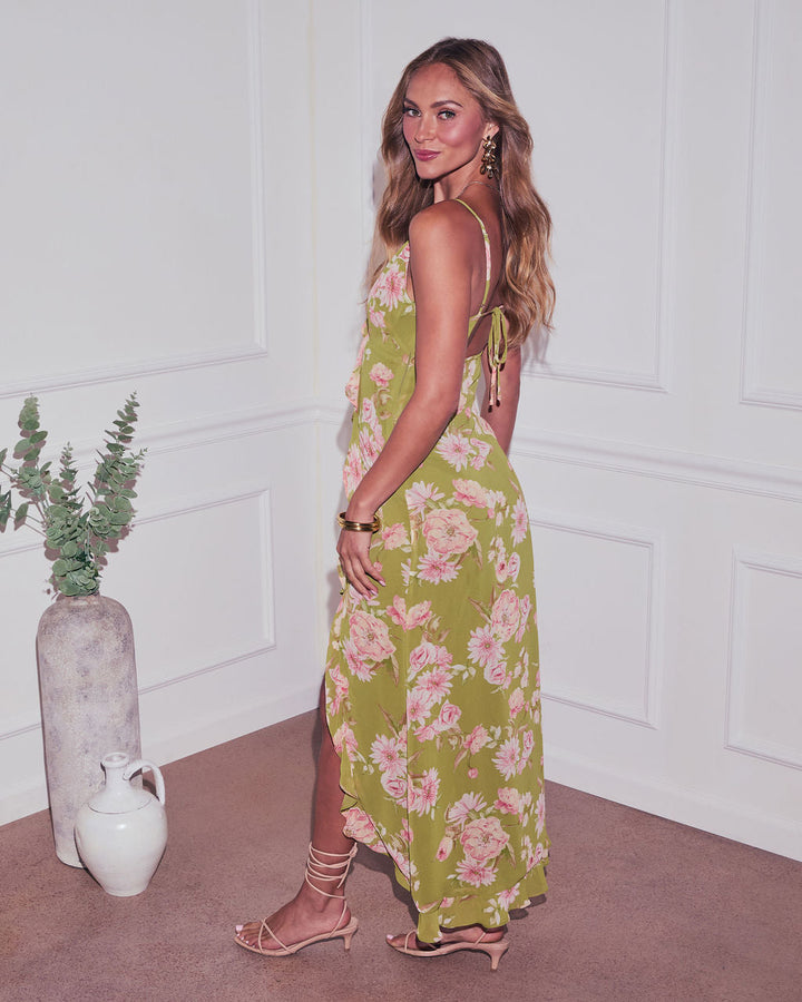 Capriccio Satin Floral Ruffle Maxi Dress