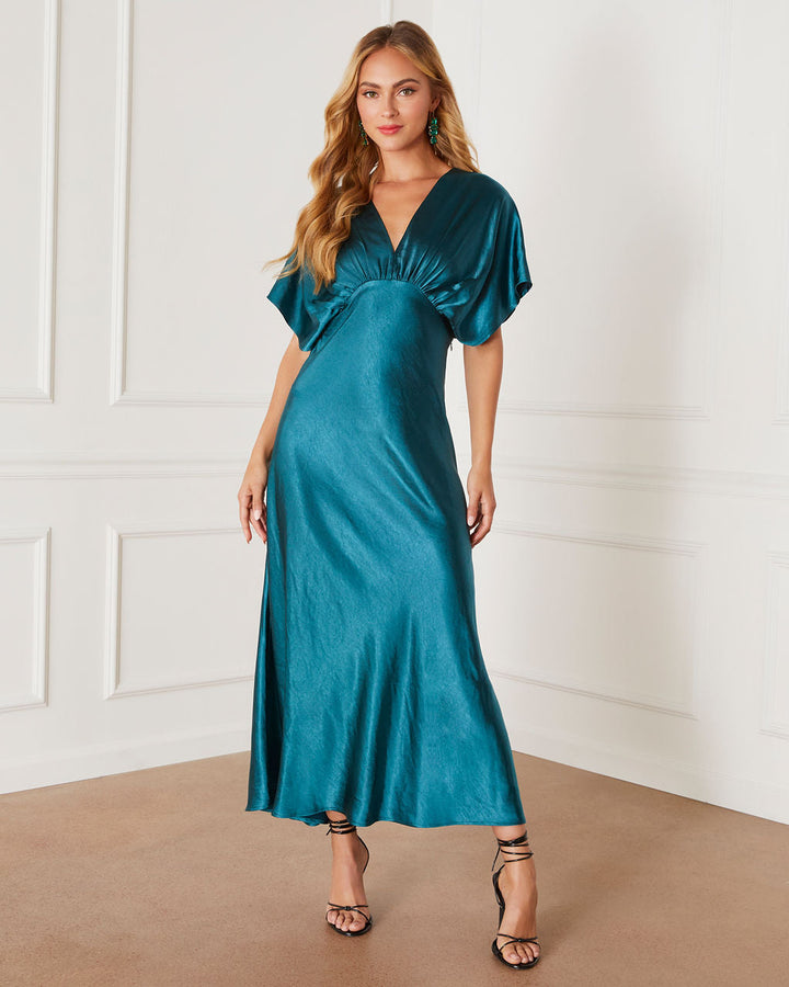 Theia Satin V-Neck Maxi Dress