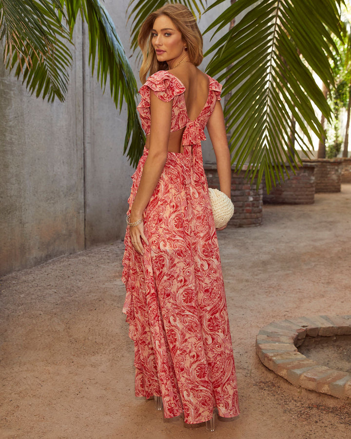 Soleil Printed Cutout Ruffle Maxi Dress